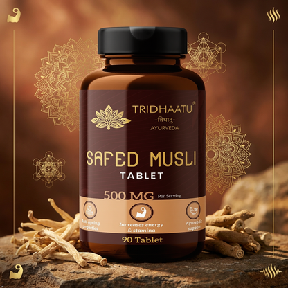 Tridhaatu Ayurveda Safed Musli / Chlorophytum borivilianum - 500mg Tablets for Energy, Stamina & Vitality (90 Tablets)