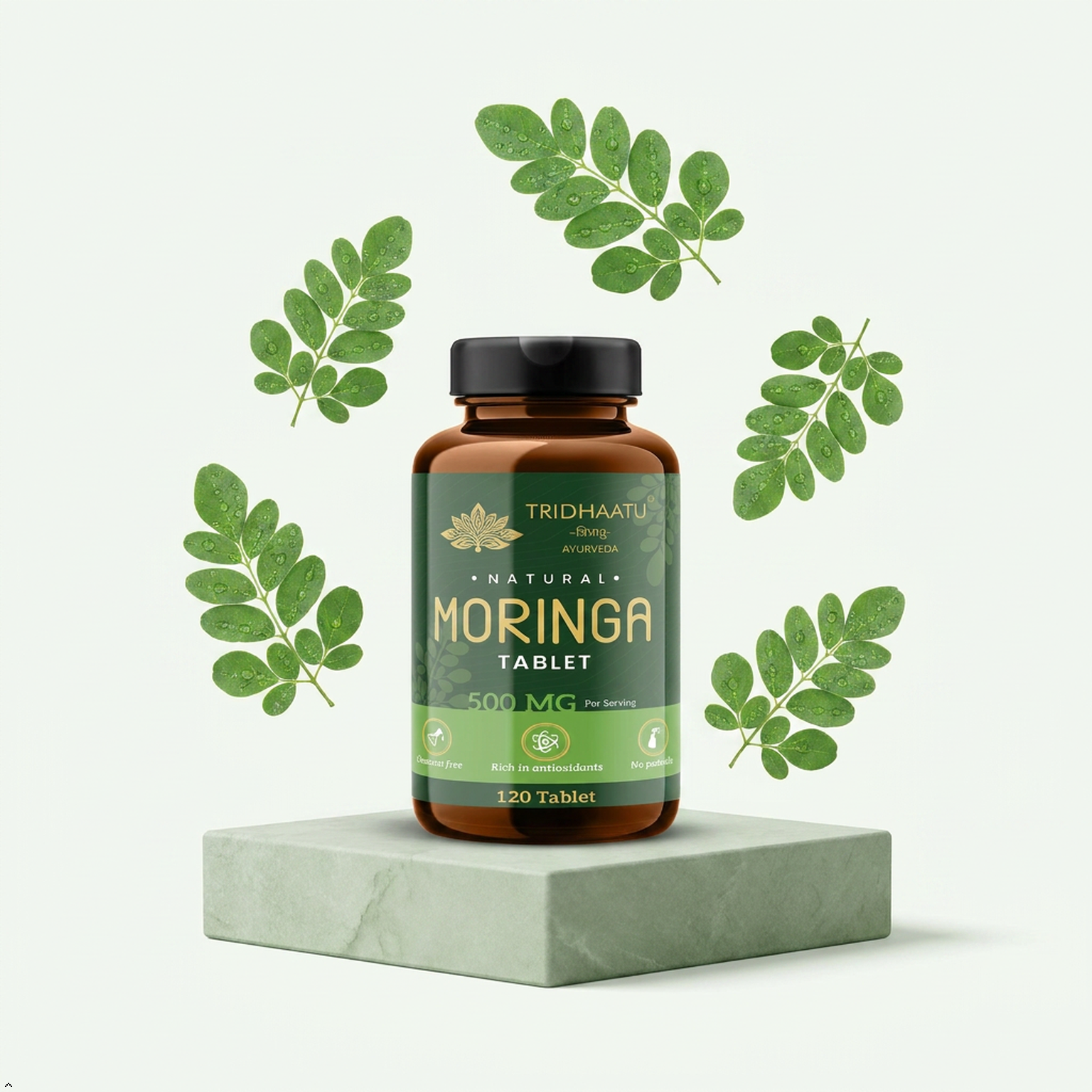 Bottle of Tridhaatli Moringa tablets with green leaves on a light background