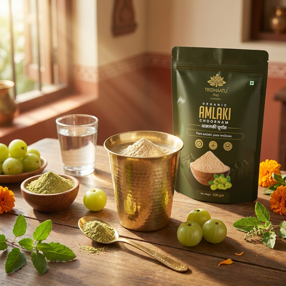 Amlaki Chodnam package with ingredients on a wooden table