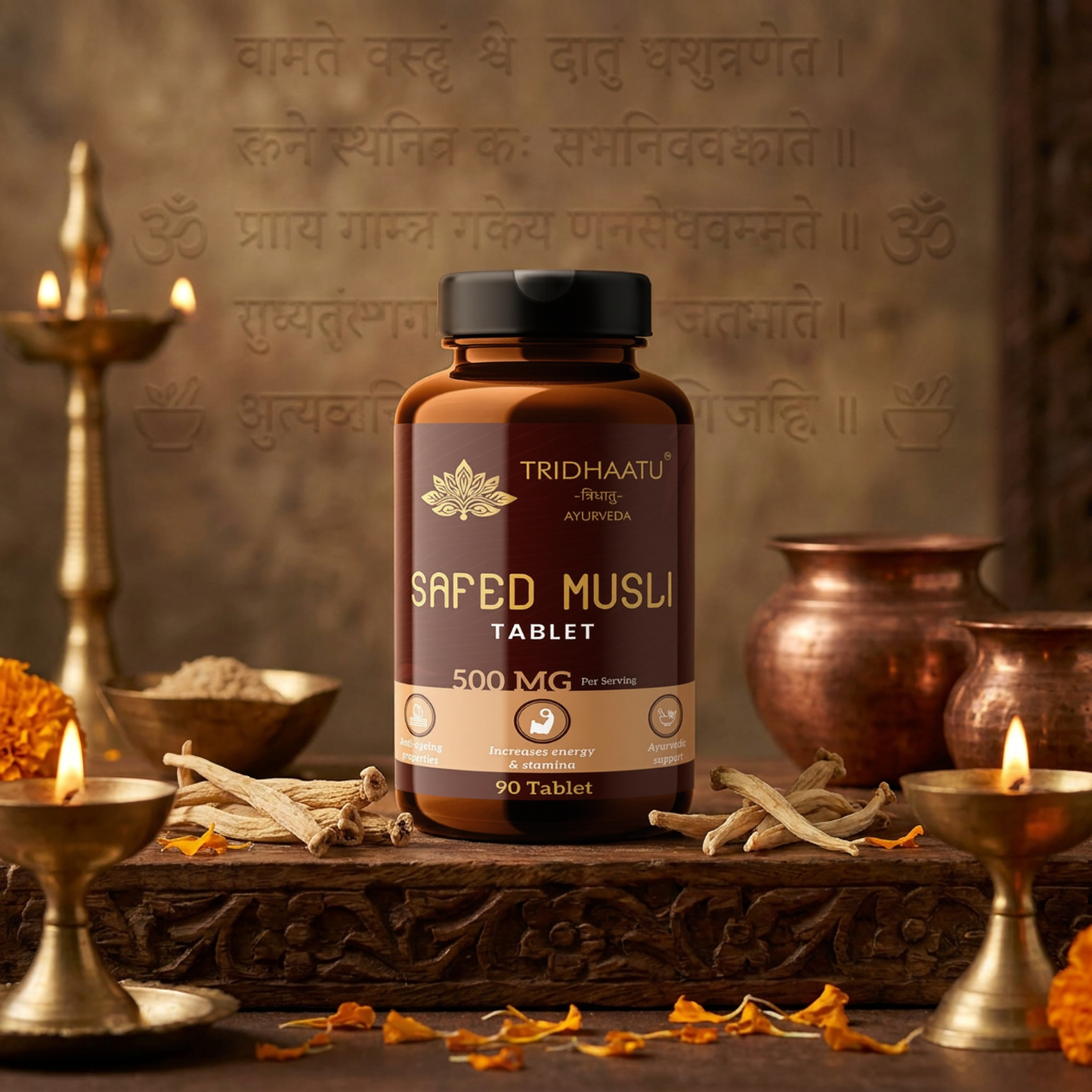 Tridhaatu Ayurveda Safed Musli / Chlorophytum borivilianum - 500mg Tablets for Energy, Stamina & Vitality (90 Tablets)