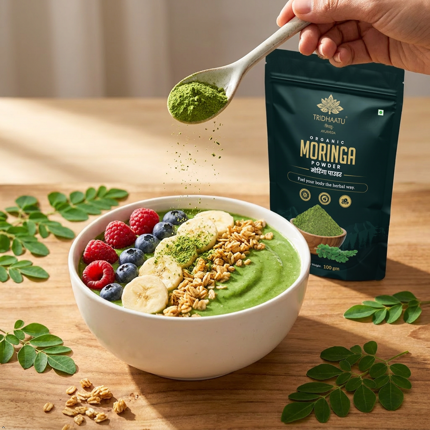 Tridhaatu Ayurveda Organic Moringa Powder (100g) – 100% Pure & Natural Sahjan Leaf Powder