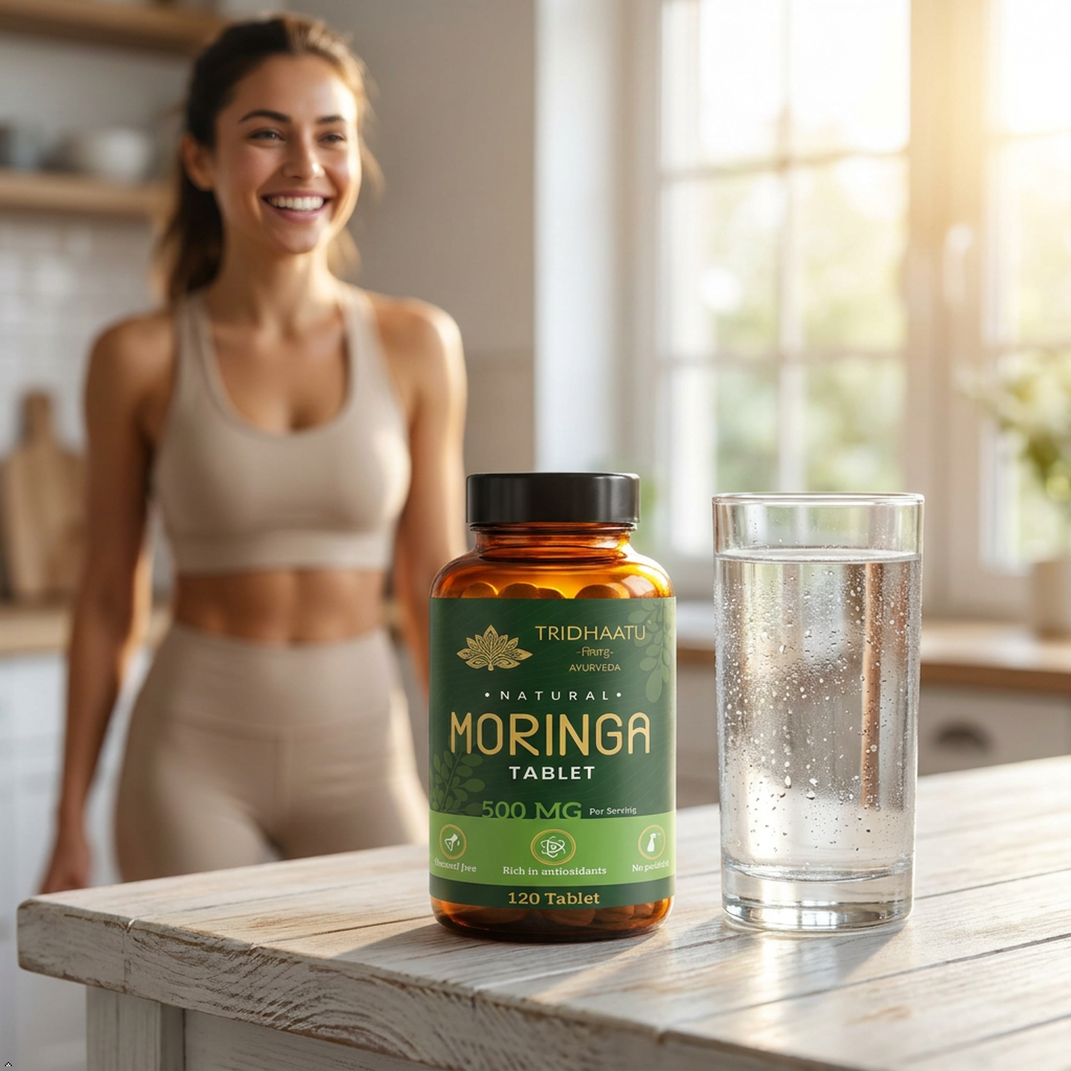 Bottle of Tridhaatu Moringa tablets on a table with a glass of water, woman in background