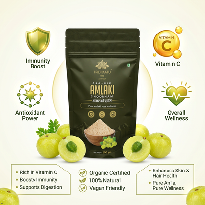 Amlaki powder package with health benefits and ingredients displayed on a white background