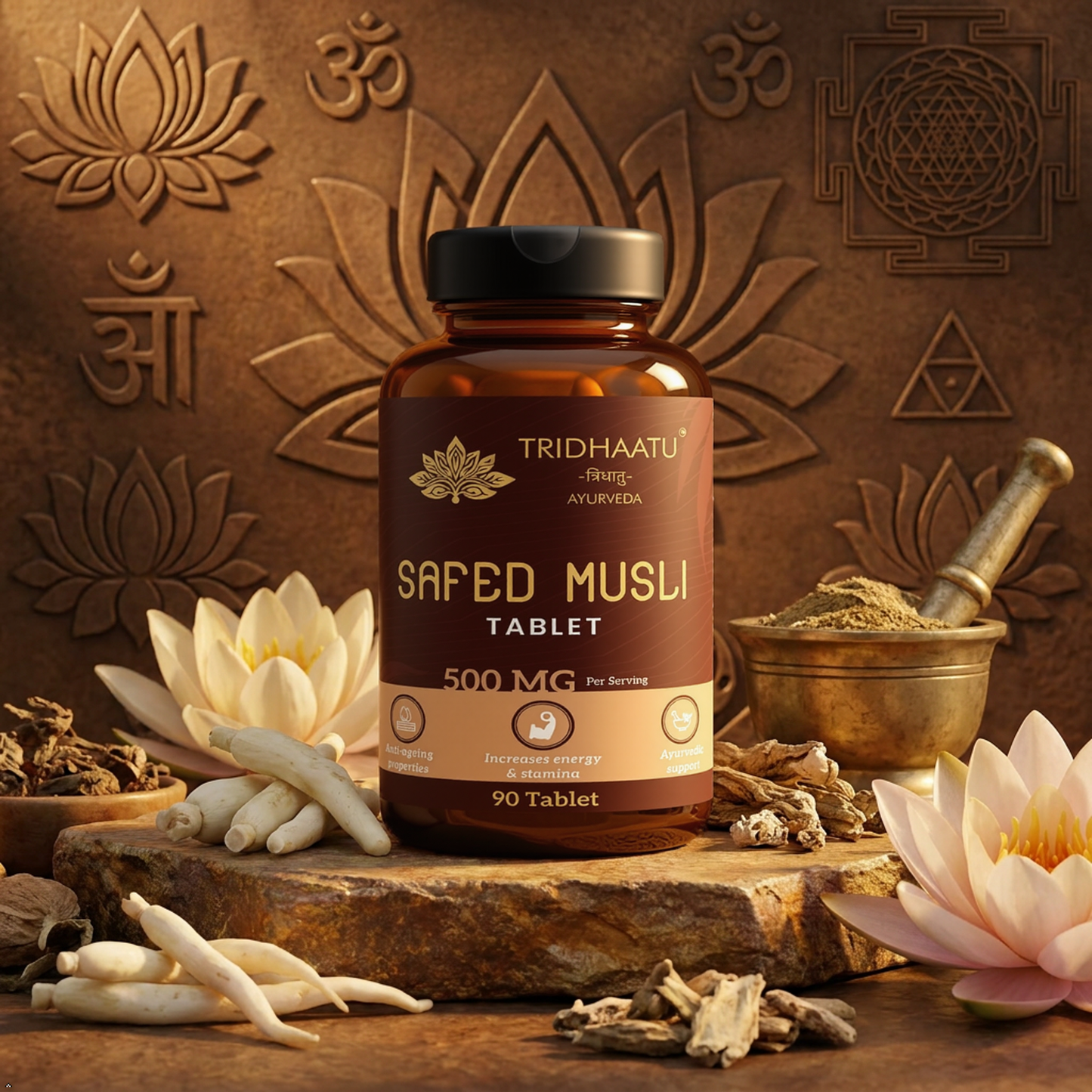 Tridhaatu Ayurveda Safed Musli / Chlorophytum borivilianum - 500mg Tablets for Energy, Stamina & Vitality (90 Tablets)