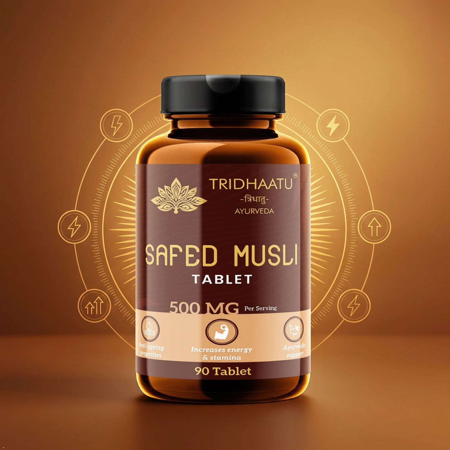 Tridhaatu Ayurveda Safed Musli / Chlorophytum borivilianum - 500mg Tablets for Energy, Stamina & Vitality (90 Tablets)