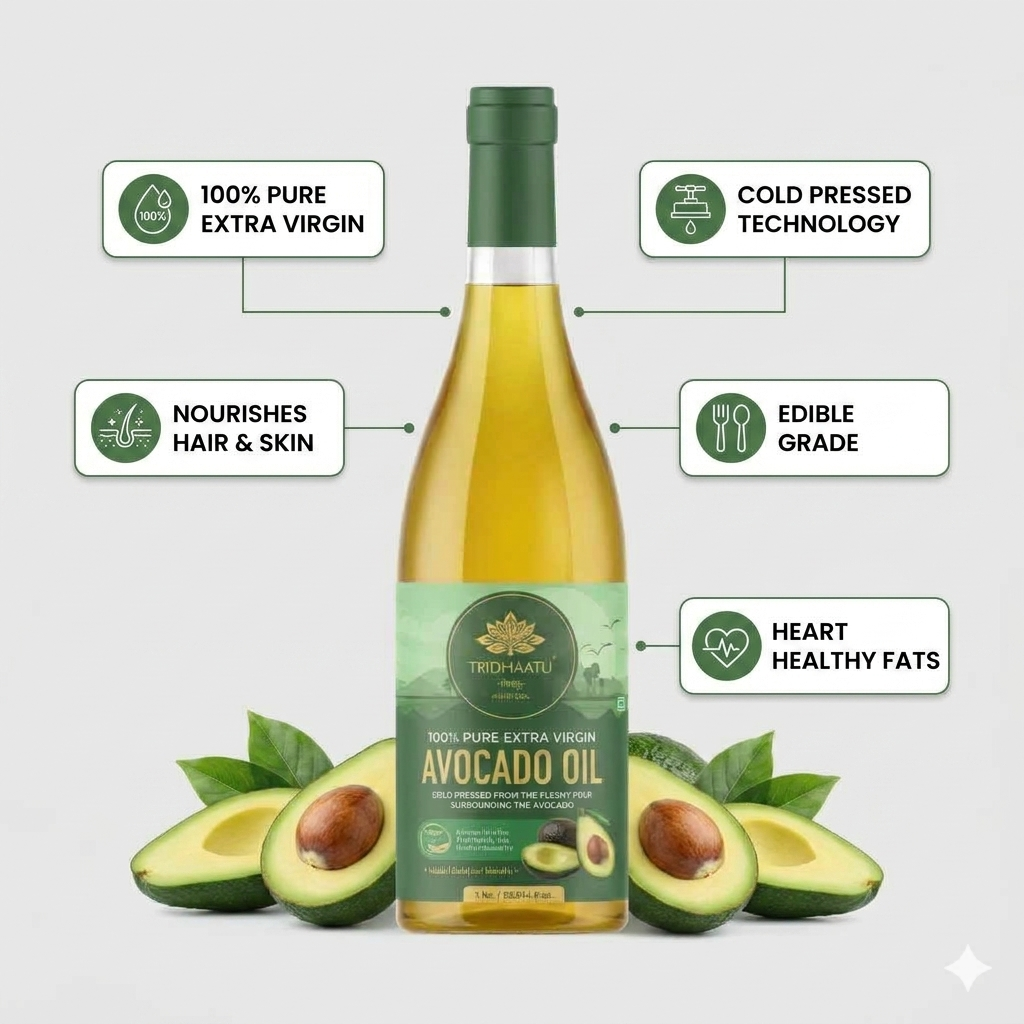 Tridhaatu Ayurveda 100% Pure Extra Virgin Avocado Oil (1 Ltr) | Cold Pressed for Hair, Skin & Culinary Use.