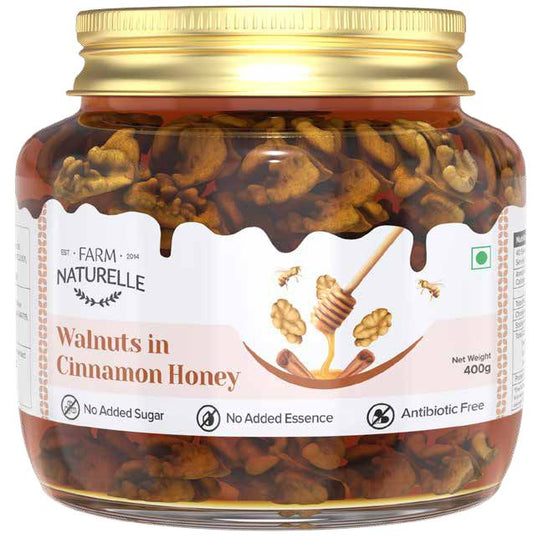 Walnuts in Cinnamon Infused wild Forest Honey - 400 gm | 100% Pure Honey, Raw Natural Un-Processed - Un-Heated Honey | Lab Tested in Glass Bottle.