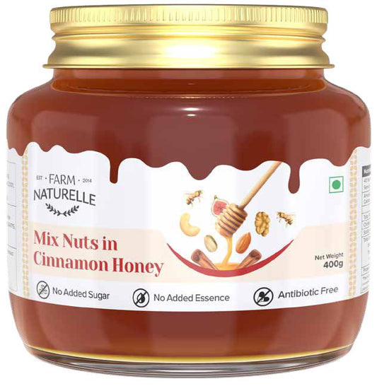 Mix Nuts in Cinnamon Infused wild Forest Honey - 400 gm | 100% Pure Honey, Raw Natural Un-Processed - Un-Heated Honey | Lab Tested in Glass Bottle.