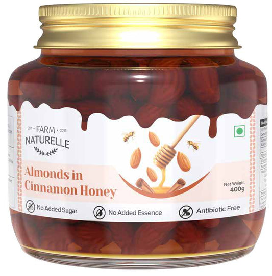 Almonds in Cinnamon Infused wild Forest Honey - 400 gm | 100% Pure Honey, Raw Natural Un-Processed - Un-Heated Honey | Lab Tested in Glass Bottle.