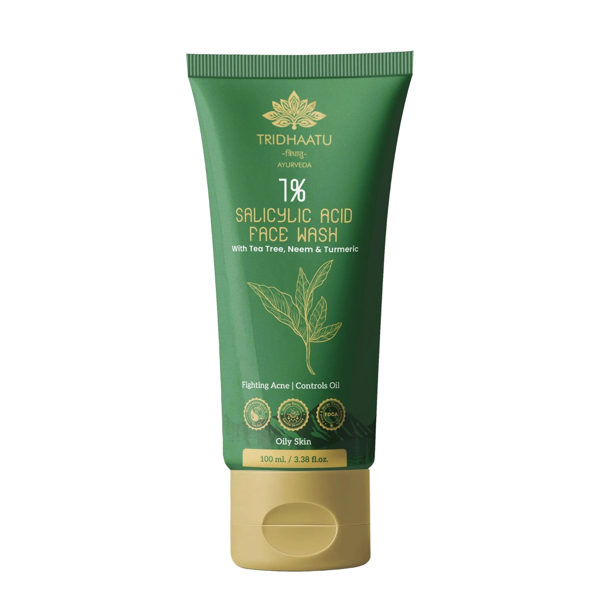 Green tube of Tridhaatu 1% Salicylic Acid Face Wash with leaf design on a light background